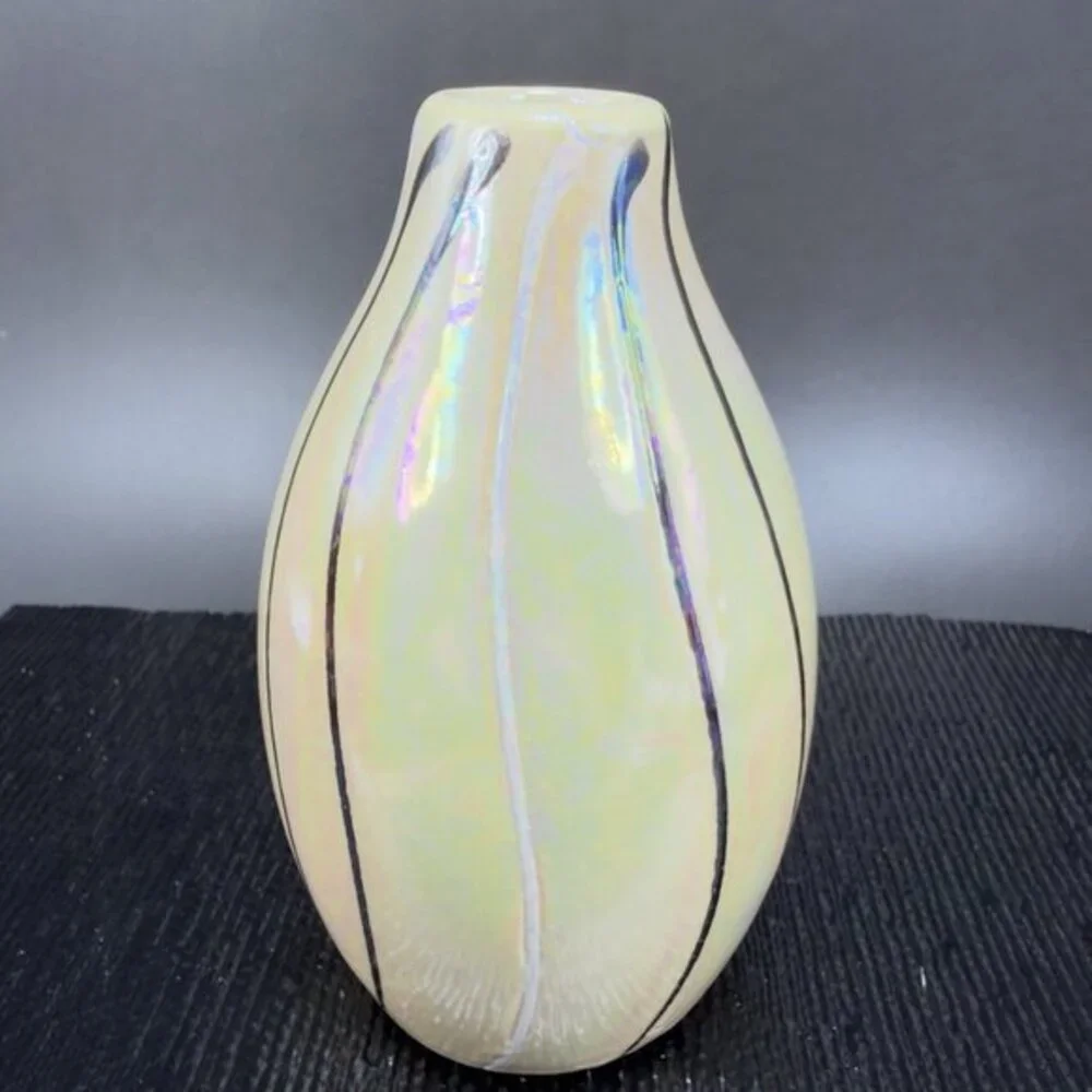 Vintage Ceramic Bud Vase With Yellow Shiny Iridescent‎ Finish Black White Lines